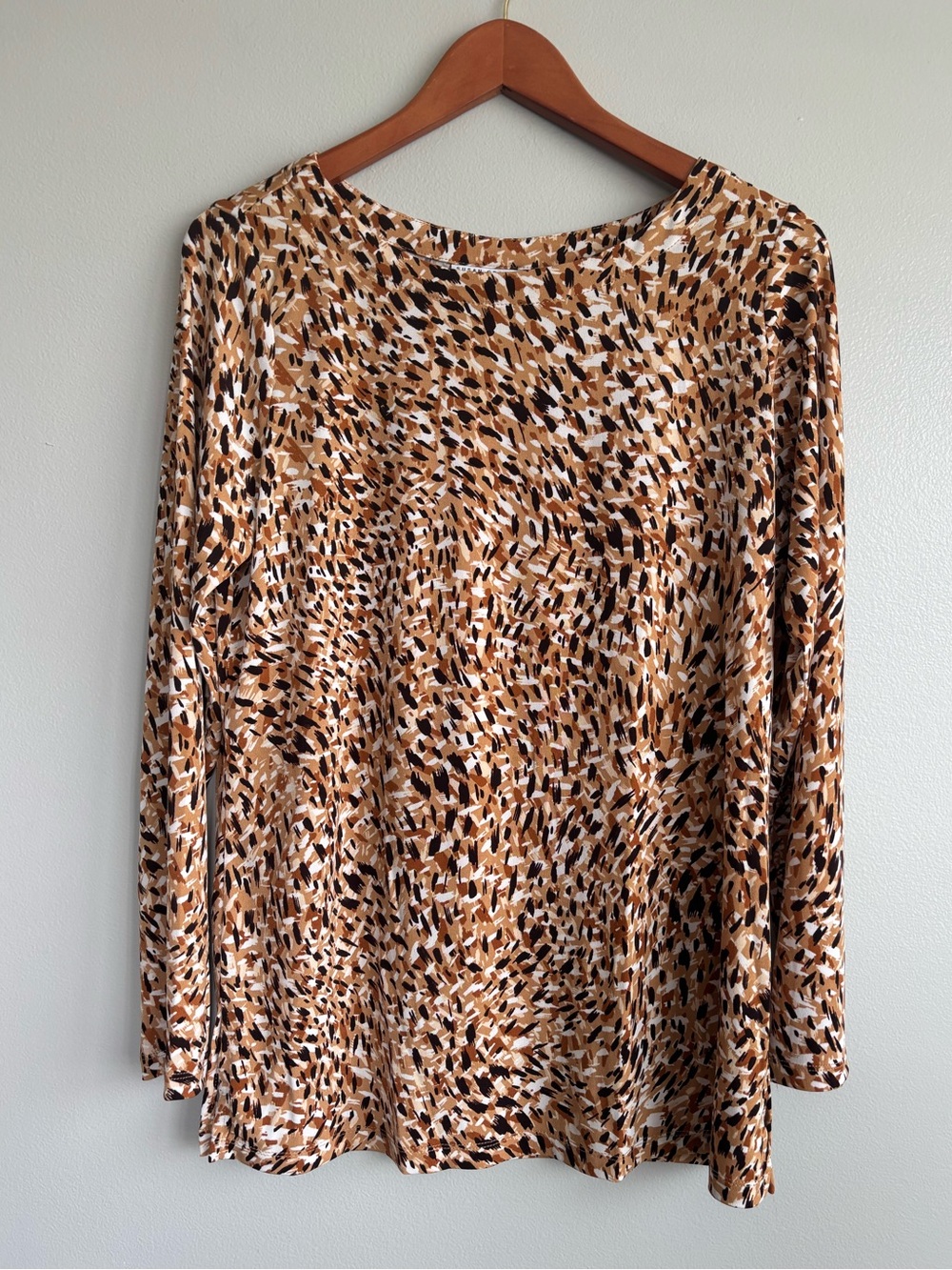 Susan Graver Modern Essentials Liquid Knit Tunic Top Brown Tan Black US Medium